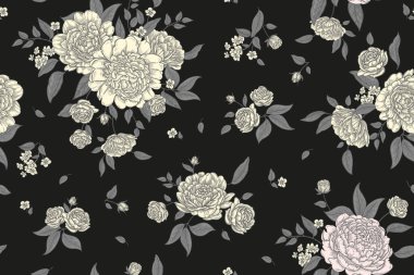Siyah arka planda barok şakayıklar, kusursuz desenler. Çiçek arkaplan. Tekstil, duvar kağıdı, ambalaj, ambalaj kağıdı şablonu. Çiçek Vintage grafikleri. Vektör illüstrasyonu.