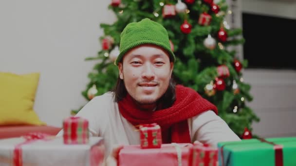 Atraktivní Asijský Muž Usmívající Kamery Vánočním Stromečkem Oslavuje Nový Rok — Stock video