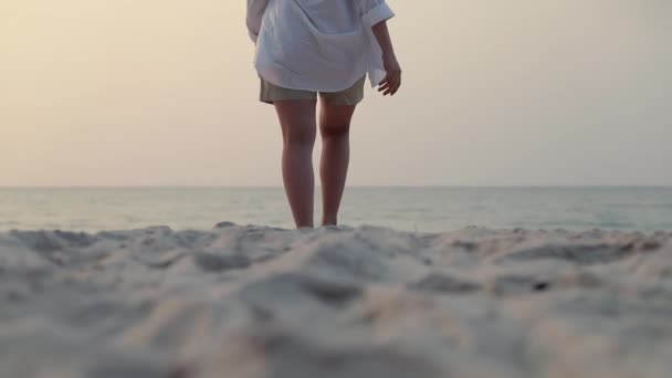 追跡中だ 美しい夕日のビーチを歩く女性 ライフスタイル旅行休暇夏のコンセプト — ストック動画