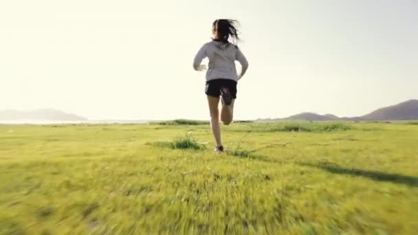 在风景秀丽的大自然中 年轻的亚洲女子跑步 享受着锻炼的生活方式 实施保健生活方式概念 — 图库视频影像