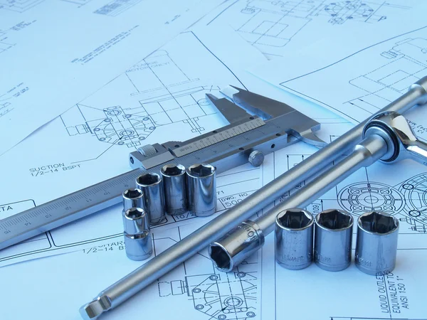 Engineering tools on technical drawing — Stock Photo, Image