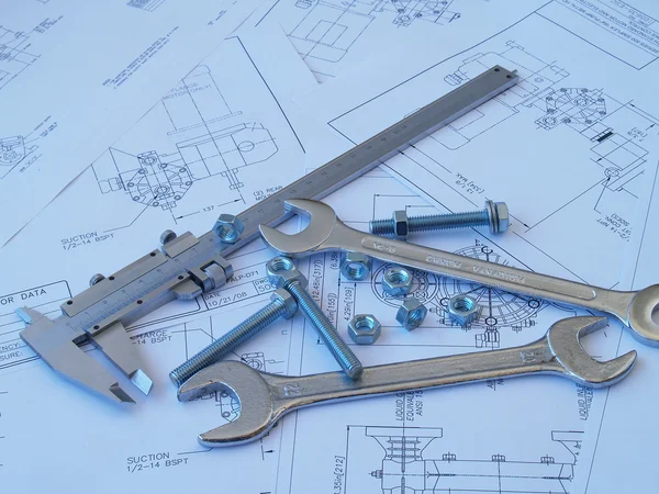 Engineering tools on technical drawing — Stock Photo, Image