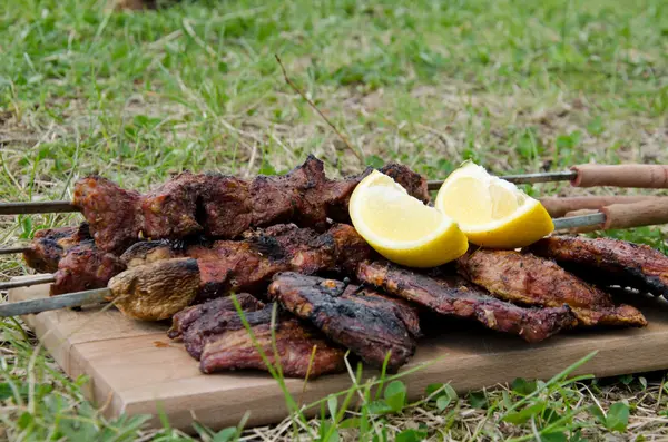 Carne assada no prado verde, pronta para comer — Fotografia de Stock