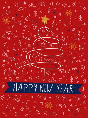 Kırmızı parlak yeni yıl karalaması, üzerinde yılbaşı ağacı ve 