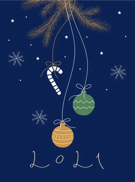 Blaue Neujahrskarte Mit Christbaumschmuck Und Schriftzug 2021 Weihnachts Und Neujahrspostkarten — Stockvektor