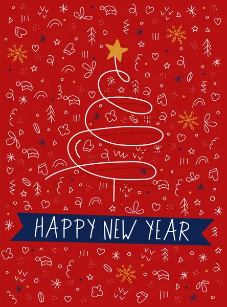 Rouge Brillant Nouvelle Année Carte Doodle Avec Arbre Noël Lettrage — Image vectorielle