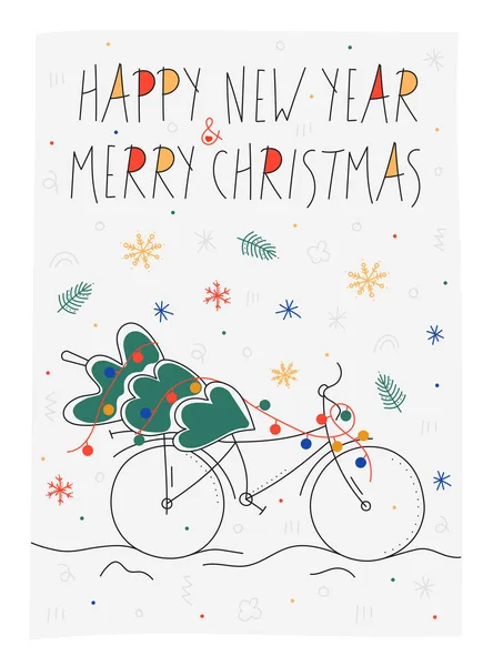 Carte Postale Élégante Avec Vélo Portant Sapin Noël Lettrage Cartes — Image vectorielle