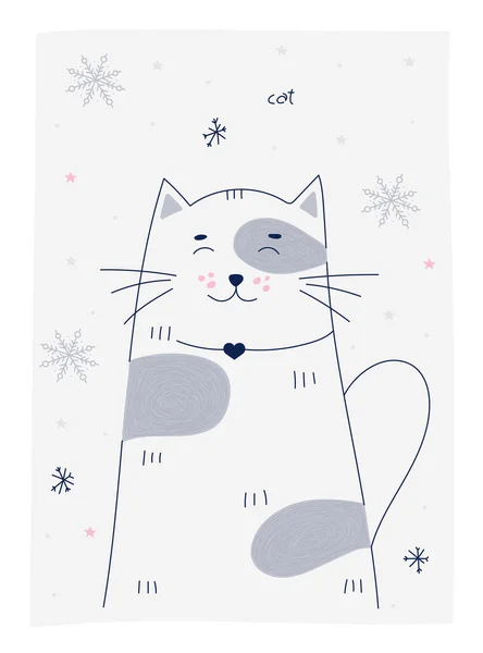 Roztomilá Kreslená Ilustrace Cat Krásné Ručně Kreslené Plakáty Zimní Prázdniny — Stockový vektor
