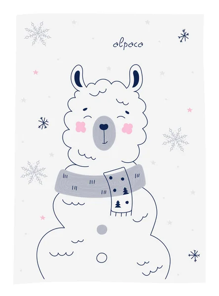 Linda Ilustración Garabatos Con Alpaca Hermosos Carteles Dibujados Mano Vacaciones — Vector de stock
