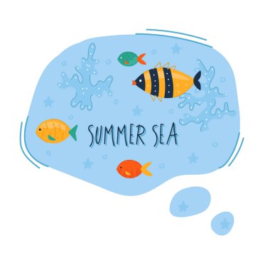 Yaratıcı konuşma balonu Yaz Denizi. Sevimli simgelerle boyanmış renkli bir yaz çıkartması. Tarz sahibi bir alıntı ve slogan. Kupa, hediye, tekstil, kart, afiş, poster ve daha fazlası için mükemmel bir tasarım.