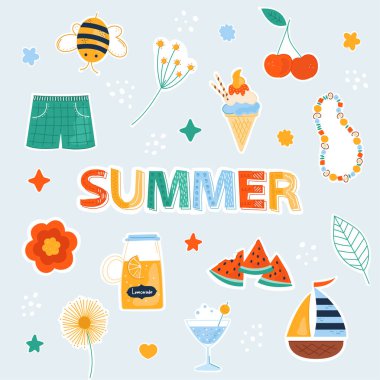 Renkli yaz çıkartmaları seti. Şirin ikonlarıyla karalama renkli yaz koleksiyonu. Kupa, hediye, tekstil, kart, afiş, poster ve daha fazlası için mükemmel bir tasarım.