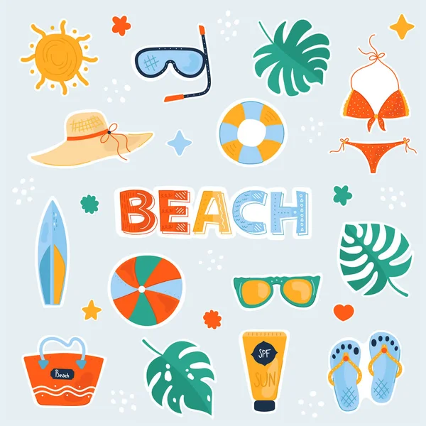 Colorful Beach Stickers Set Doodle Colorful Summer Collection Cute Icons Stock Vector