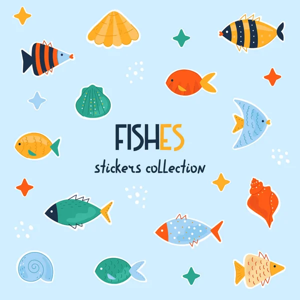 鱼贴纸收集 多朵多彩的夏季设置与可爱的图标 完美的杯子 纺织品 网页等的设计 图库矢量图片