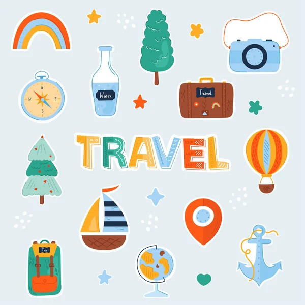 Colorful Travel Stickers Set Doodle Colorful Summer Collection Cute Icons Vector Graphics