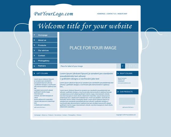 Mise en page de modèle bleu site Web avec texte — Image vectorielle