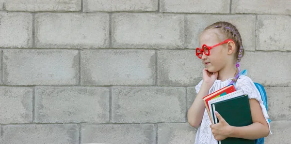 Een meisje met staartjes met blond haar in glazen met boeken in haar handen op een achtergrond van een grijze bakstenen muur staat in gedachten, het concept van het schoolleven, banner — Stockfoto
