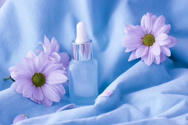 delicate purple background with a bottle of face cream, hands, with pink flowers, the concept of eternal youth