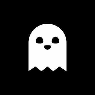 Cadılar Bayramı hayaleti, korkunç ya da şirin çizgi film hayaleti, Cadılar Bayramı tatili. Siyah arka plan. İzole edilmiş bir ikon. Düz biçim vektör illüstrasyonu.