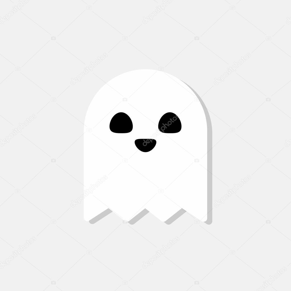 Halloween ghost, scary or cute cartoon spooky ghost, Halloween holiday. White stroke and shadow design. Isolated icon. Flat style vector illustration.