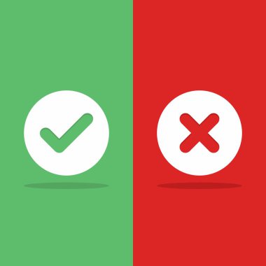 İşaretle ve yanlış işaretle, işaretle, işaretle / işaretle, kabul et / reddet, onayla / onayla, evet / hayır, doğru / yanlış, yeşil / kırmızı, doğru / yanlış, OK / Not Ok - vektör sembolleri yeşil ve kırmızı. İzole edilmiş simge.
