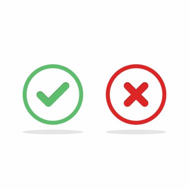 İşaretle ve yanlış işaretle, işaretle, işaretle / işaretle, kabul et / reddet, onayla / onayla, evet / hayır, doğru / yanlış, yeşil / kırmızı, doğru / yanlış, OK / Not Ok - vektör sembolleri yeşil ve kırmızı. İzole edilmiş simge.