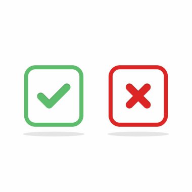 İşaretle ve yanlış işaretle, işaretle, işaretle / işaretle, kabul et / reddet, onayla / onayla, evet / hayır, doğru / yanlış, yeşil / kırmızı, doğru / yanlış, OK / Not Ok - vektör sembolleri yeşil ve kırmızı. İzole edilmiş simge.