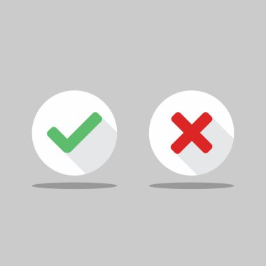 İşaretle ve yanlış işaretle, işaretle, işaretle / işaretle, kabul et / reddet, onayla / onayla, evet / hayır, doğru / yanlış, yeşil / kırmızı, doğru / yanlış, OK / Not Ok - vektör sembolleri yeşil ve kırmızı. İzole edilmiş simge.