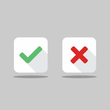 İşaretle ve yanlış işaretle, işaretle, işaretle / işaretle, kabul et / reddet, onayla / onayla, evet / hayır, doğru / yanlış, yeşil / kırmızı, doğru / yanlış, OK / Not Ok - vektör sembolleri yeşil ve kırmızı. İzole edilmiş simge.