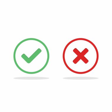 İşaretle ve yanlış işaretle, işaretle, işaretle / işaretle, kabul et / reddet, onayla / onayla, evet / hayır, doğru / yanlış, yeşil / kırmızı, doğru / yanlış, OK / Not Ok - vektör sembolleri yeşil ve kırmızı. İzole edilmiş simge.