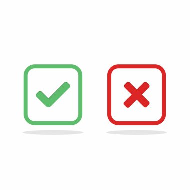 İşaretle ve yanlış işaretle, işaretle, işaretle / işaretle, kabul et / reddet, onayla / onayla, evet / hayır, doğru / yanlış, yeşil / kırmızı, doğru / yanlış, OK / Not Ok - vektör sembolleri yeşil ve kırmızı. İzole edilmiş simge.