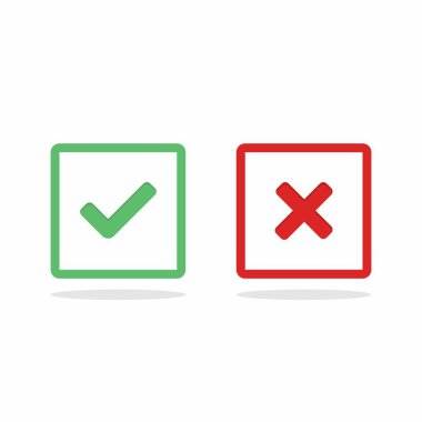 İşaretle ve yanlış işaretle, işaretle, işaretle / işaretle, kabul et / reddet, onayla / onayla, evet / hayır, doğru / yanlış, yeşil / kırmızı, doğru / yanlış, OK / Not Ok - vektör sembolleri yeşil ve kırmızı. İzole edilmiş simge.