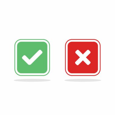 İşaretle ve yanlış işaretle, işaretle, işaretle / işaretle, kabul et / reddet, onayla / onayla, evet / hayır, doğru / yanlış, yeşil / kırmızı, doğru / yanlış, OK / Not Ok - vektör sembolleri yeşil ve kırmızı. İzole edilmiş simge.