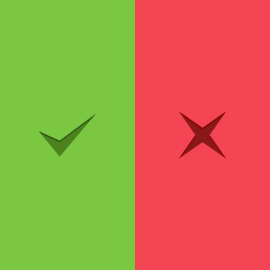 İşaretle ve yanlış işaretle, işaretle, işaretle / işaretle, kabul et / reddet, onayla / onayla, evet / hayır, doğru / yanlış, yeşil / kırmızı, doğru / yanlış, OK / Not Ok - vektör sembolleri yeşil ve kırmızı. İzole edilmiş simge.