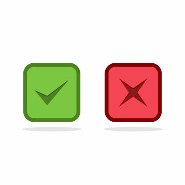İşaretle ve yanlış işaretle, işaretle, işaretle / işaretle, kabul et / reddet, onayla / onayla, evet / hayır, doğru / yanlış, yeşil / kırmızı, doğru / yanlış, OK / Not Ok - vektör sembolleri yeşil ve kırmızı. İzole edilmiş simge.