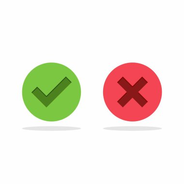 İşaretle ve yanlış işaretle, işaretle, işaretle / işaretle, kabul et / reddet, onayla / onayla, evet / hayır, doğru / yanlış, yeşil / kırmızı, doğru / yanlış, OK / Not Ok - vektör sembolleri yeşil ve kırmızı. İzole edilmiş simge.