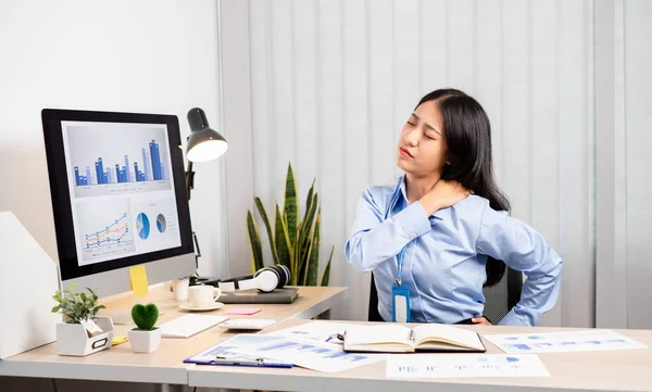 Asian Female Accountant Tired Working Chair Stretching Relax Relax While — Stock Photo, Image