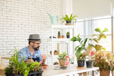 Bıyıklı, yaşlı ve yakışıklı bir adam ağaç bakımıyla mutlu olur. Evde bahçıvanlık hobisi. Emeklilikten sonra mutlu yaşamak. Doğa ve çevre kavramları.