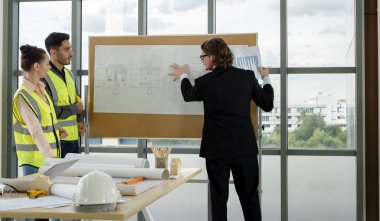 Erkek ve kadın mühendisler ve mimarlardan oluşan bir ekip, çalışma ekibi, inşaat planlarını tartışıyor ve çiziyor, baskı yapıyor, inşaat alanlarında yazıyor..