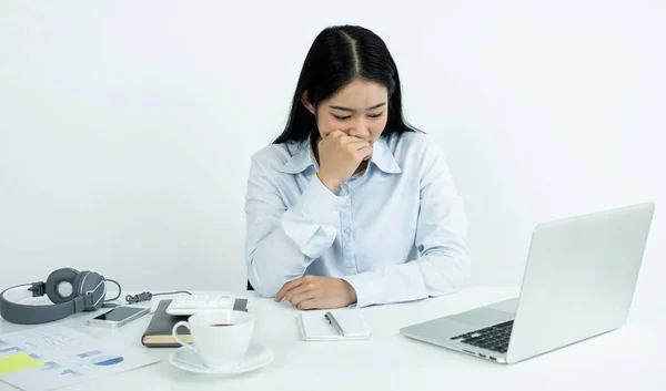 Mulheres Asiáticas Que Trabalham Sentem Estressadas Cansadas Trabalho Enxaquecas Trabalho — Fotografia de Stock