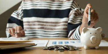 Kadın eli. Dolarları bir domuz kumbarasına koy, para biriktir, başarılı bir büyüyen işe adım at ve emeklilik birikimi kavramı için tasarruf et..