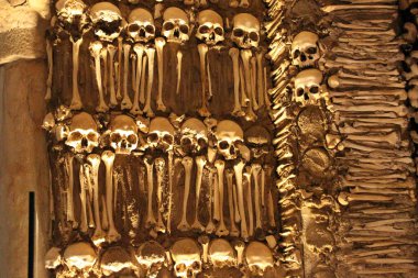 Ossuary 'de. Portekiz Evora 'daki Kemik Şapeli. Fransisken rahipleri tarafından kilisenin duvarlarını süslemek için yaklaşık 5000 kişi kullanıldı..