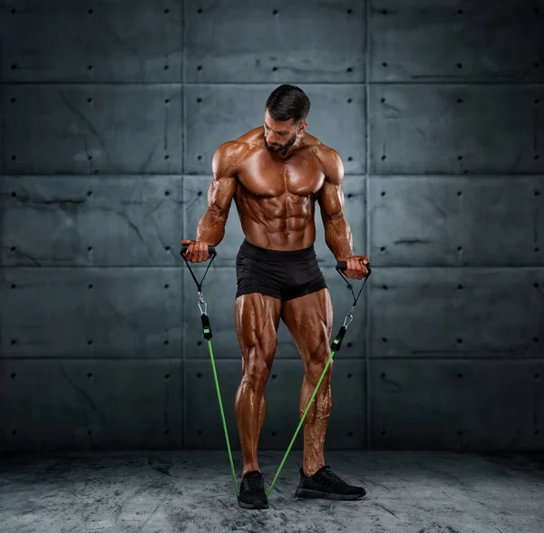 Homens Musculares Treinando Com Bandas Resistência — Fotografia de Stock