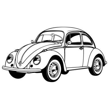 Renklendirme sayfası için klasik Volkswagen böceği siyah beyaz taslağı