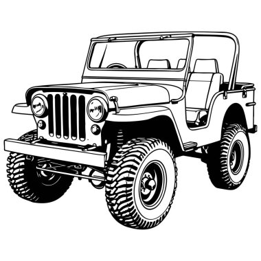 Engebeli lastikleri ve açık üst tasarımı olan klasik bir cip. Boyama kitabı ya da eski yol çizimleri için mükemmel.