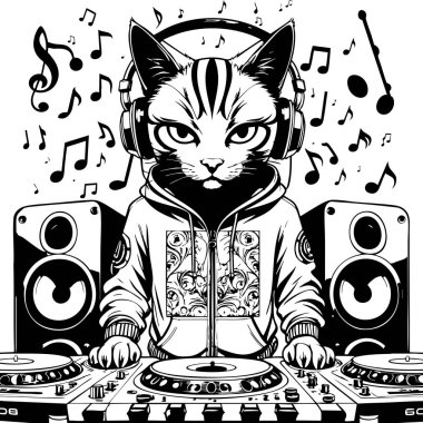 Ciddi kedi DJ hoparlörler ve notalarla karışık performans sergiliyor