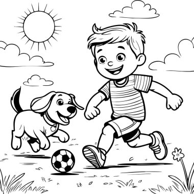 Neşeli bir renkli sayfada, güneşli gökyüzünün altında köpekle futbol oynayan gülümseyen çocuk.