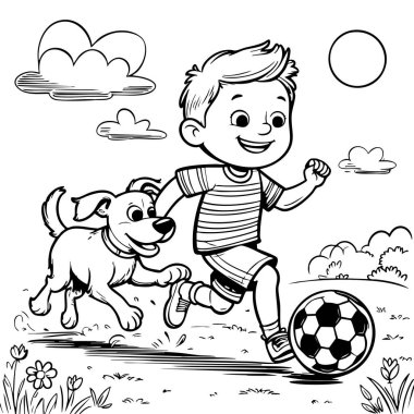 Güneşli gün boyama sayfasında köpekle koşarken topa vuran gülümseyen çocuk.