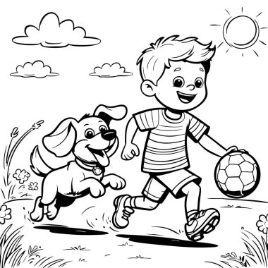 Neşeli çocuk güneşli parkta elinde futbol topuyla koşuyor.