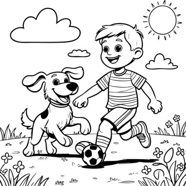 Neşeli çocuk ve köpeği güneşli bir günde parkta futbol oynuyorlar.