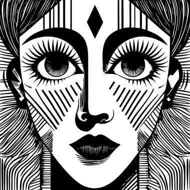 Güçlü çizgileri olan modern siyah ve beyaz soyut yüz çizimleri